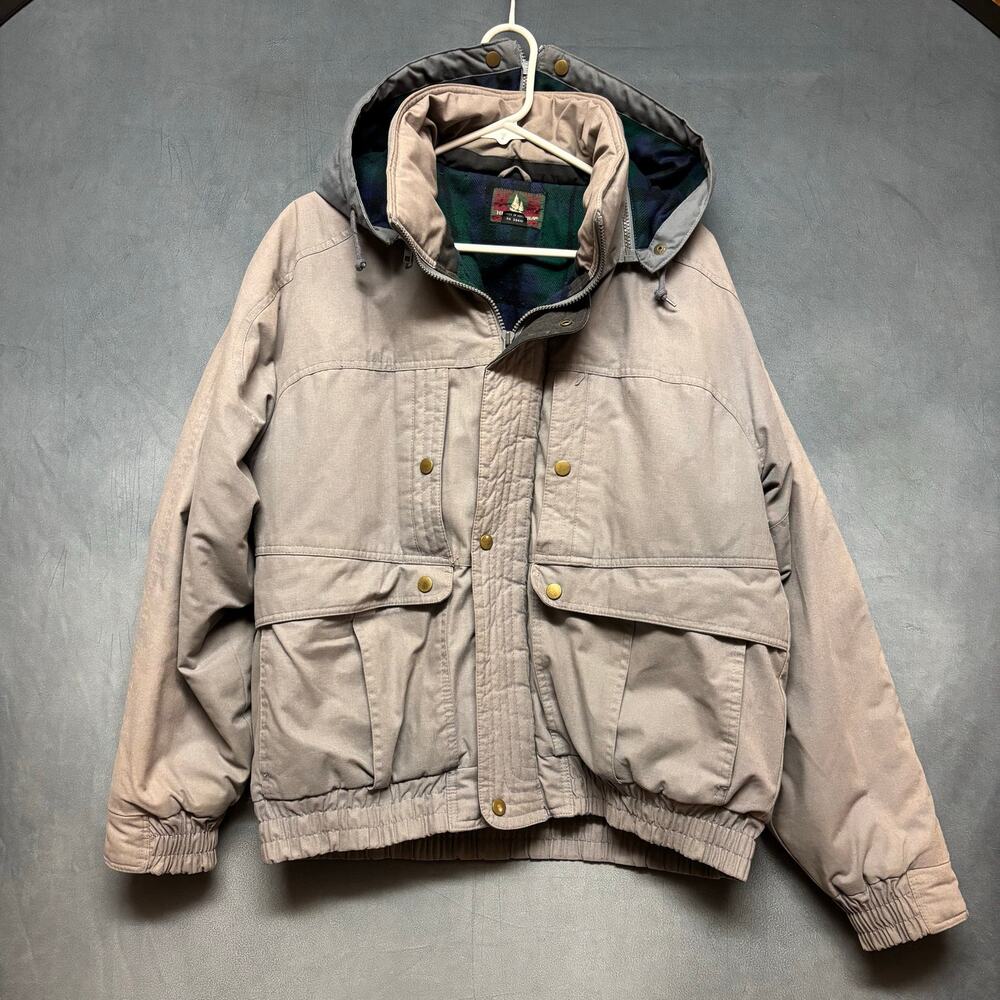Vintage High Sierra Hooded Chore Coat Jacket Plaid Lined Gray Men Small Outdoors